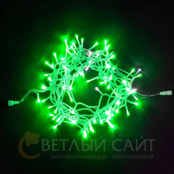Garland String 10m Green with White LED Blinking 220V, 100 LEDs, Transparent PVC Wire, IP54 05-195_BL